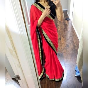 Beautiful red saree with mirror work border-NWOT